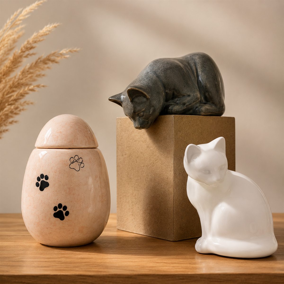 Urna de mascota junto a figura de gato